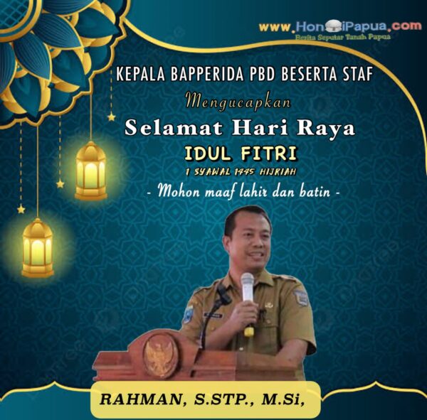 Kepala Bapperida PBD, Rahman, S.STP., M.Si, berserta Staf mengucapkan selamat hari raya Idul Fitri I Syawal 1445 H / 2024 Mohon Lahir dan Bathin