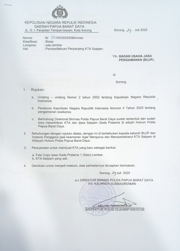 Pemberitahuan Dari Direktorat Binmas Polda Papua Barat Daya