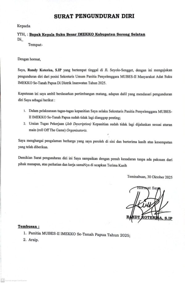 Sekretaris Panitia MUBES II IMEKKO Se-Tanah Papua Resmi Mengundurkan Diri