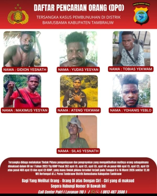 Polisi Tetapkan Satu Tersangka, Tujuh Orang Masuk DPO Kasus Pembunuhan di Tambrauw