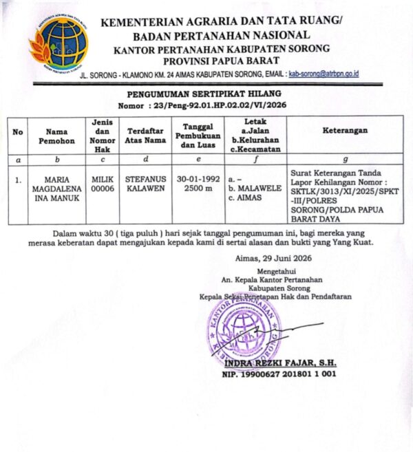 Pengumuman Sertifikat Hilang oleh Badan Pertanahan Nasional Kabupaten Sorong